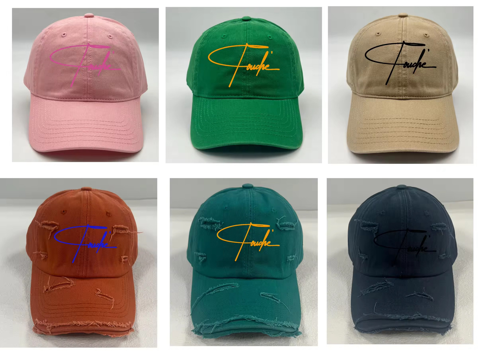 Six distressed Touché signature caps in rose, olive, sand, clay, teal, and navy