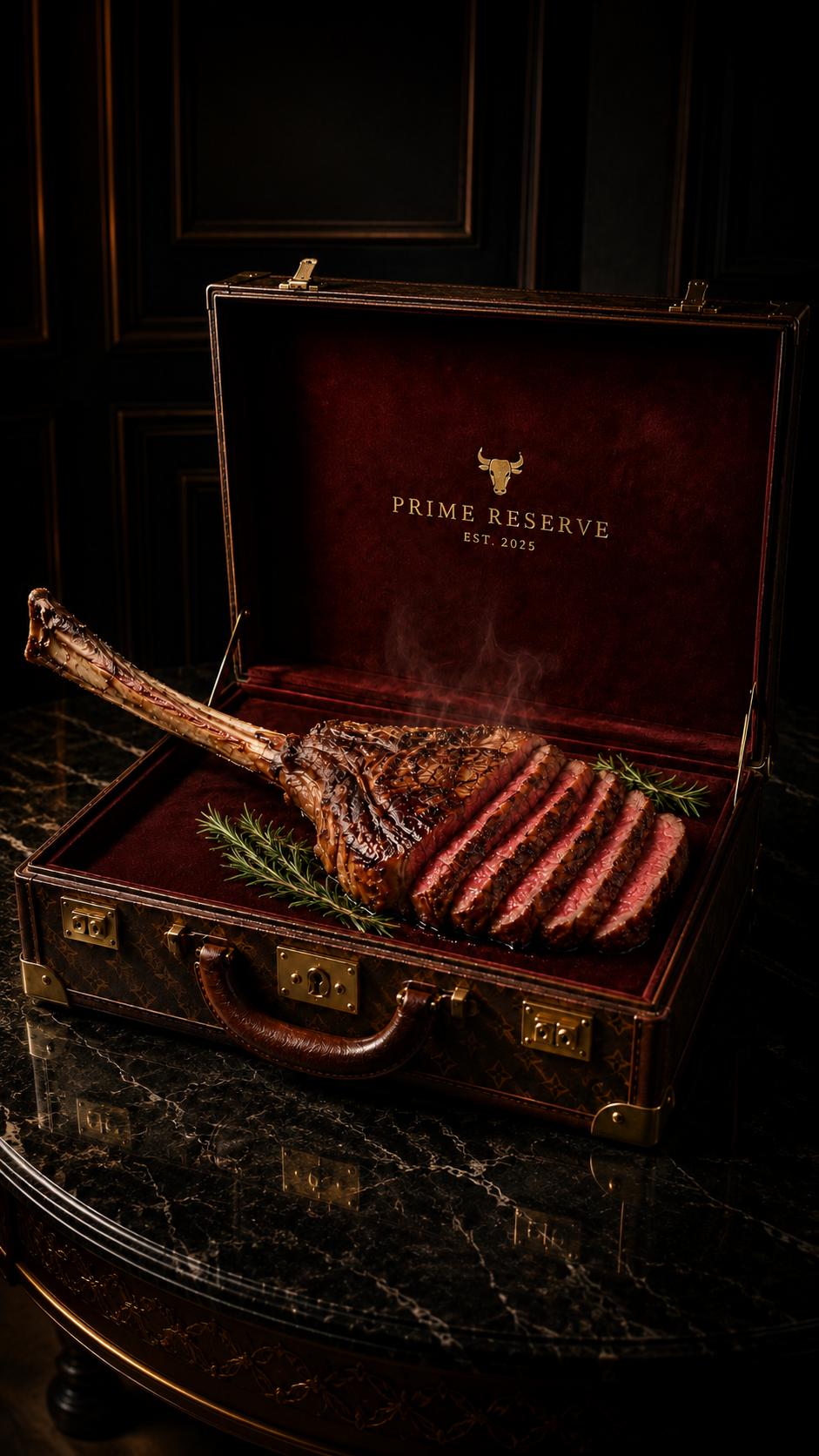 Black and white prime tomahawk steak, sliced and presented inside a luxury leather case
