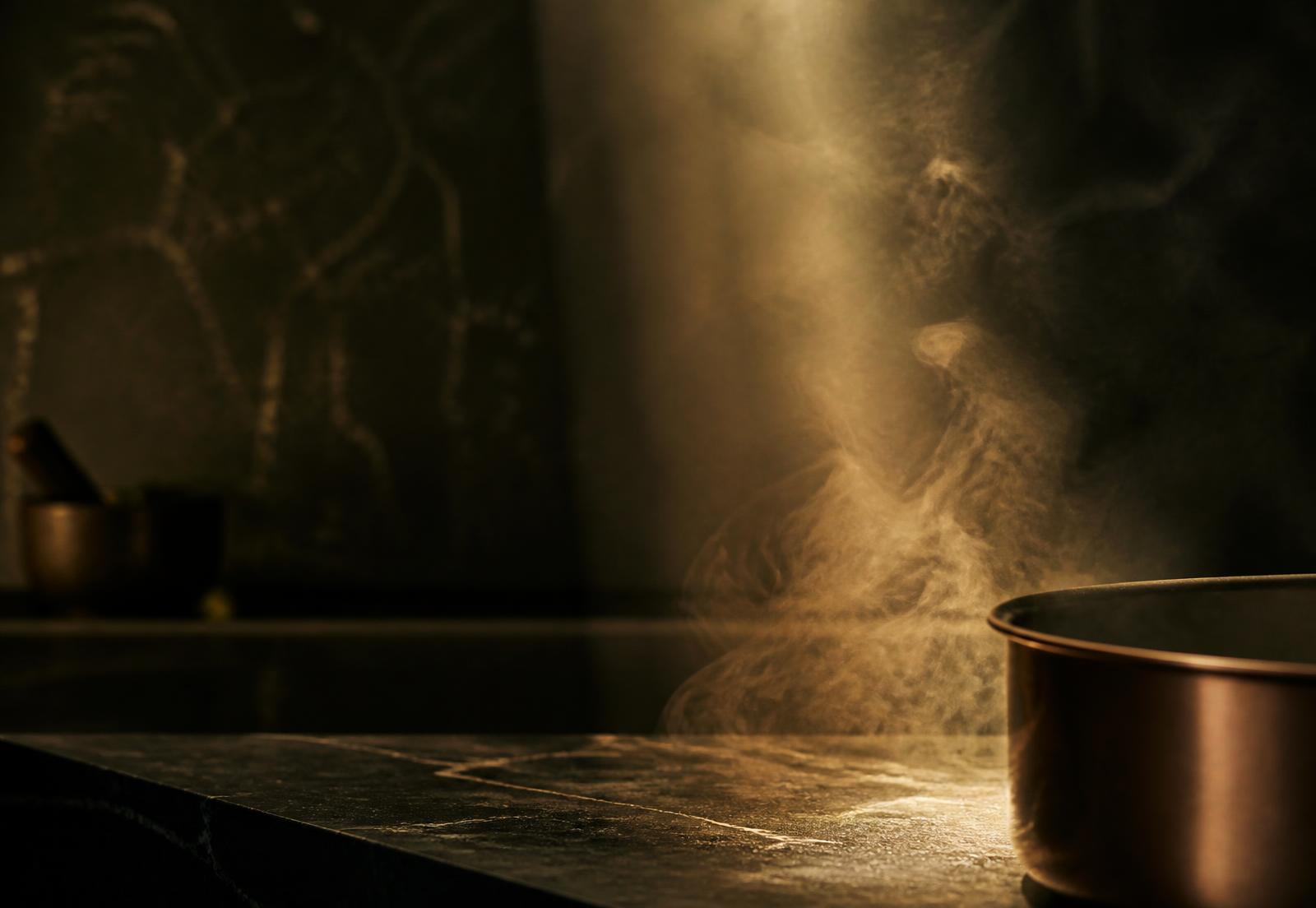 Steam rising through a warm shaft of light above a dark stone counter